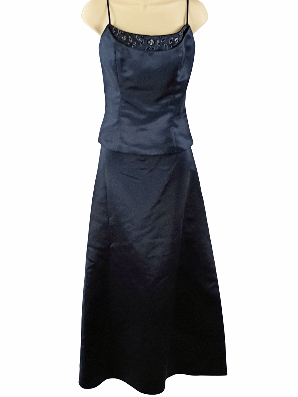 Bill Levkoff Navy Satin Beaded Neckline 2 Piece Gown